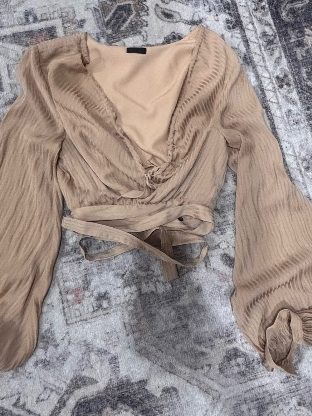 NBD Sheer Wrap Crop Top in Taupe Beige